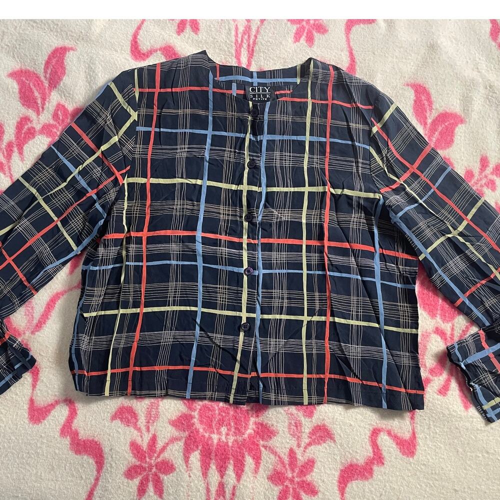 Vtg. City Silk Petite 100% silk multi stripe long sleeve blouse  SZ Small